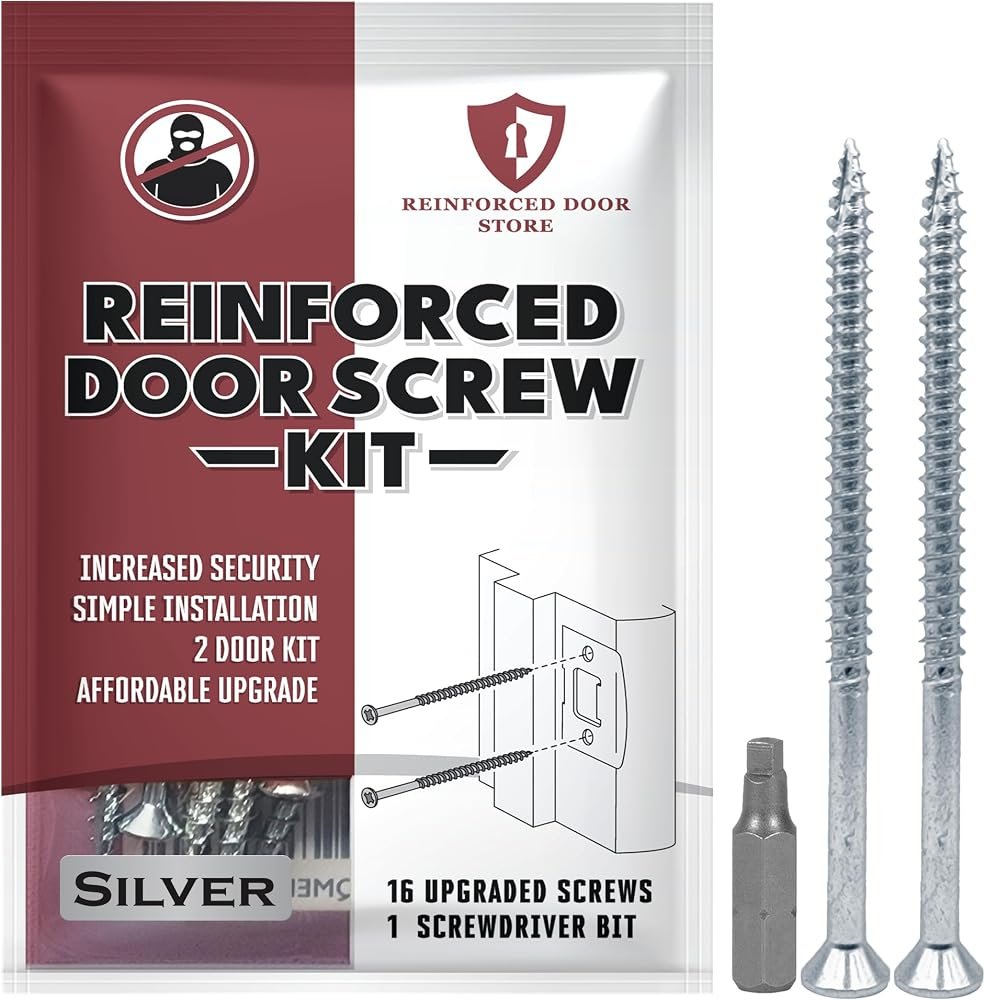 Reinforced door screw kit for strike plates, deadbolt plates and hinges